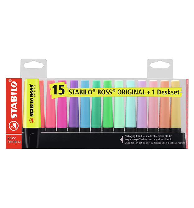 CONFEZIONE DA 15 EVIDENZIATORI STABILO BOSS ORIGINAL + 1 SET DA SCRIVANIA